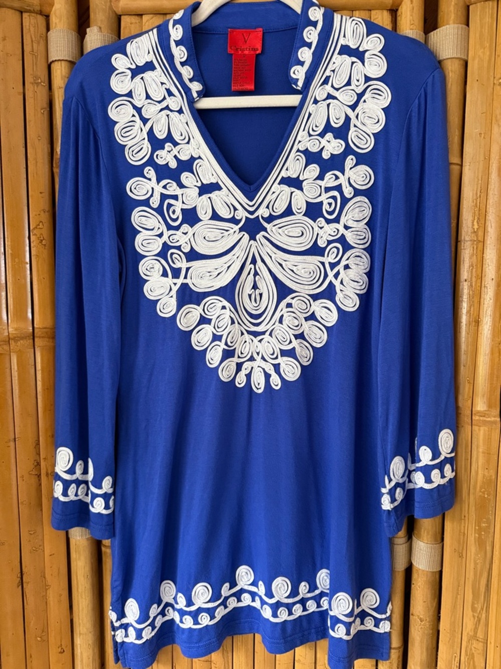 Christina Royal Blue V‑Neck Tunic with White Embroidery